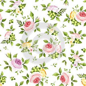 Seamless pattern with colorful roses and green leaves. Vector illustration.