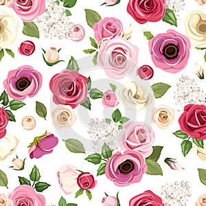 Seamless pattern with colorful roses, lisianthus and anemone flowers. Vector illustration.