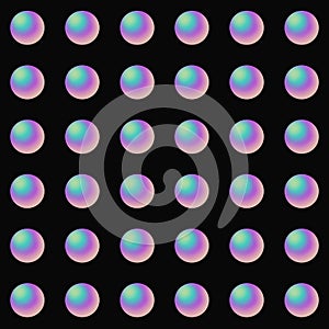 Seamless pattern colorful round shining nacre balls isolated on black background. Beautiful abstract luxury light sphere.