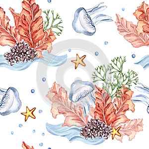 Seamless pattern of colorful sea plants watercolor illustration isolated on white. Red porphyria, , purple coral