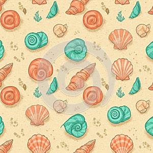 Seamless pattern of colorful seashells on a sandy beige background. The shells