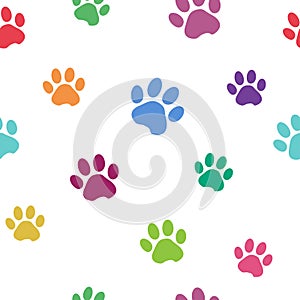 Seamless pattern with colorful silhouette animal paw track. Vector illustration