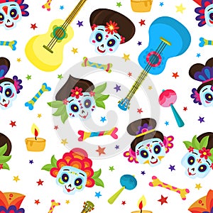 Seamless pattern with colorful skulls and stars for day of dead.