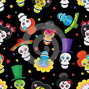 Seamless pattern with colorful skulls and stars for day of the d