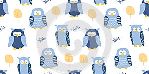 Seamless pattern with colorful sleeping owls on white background. Vector