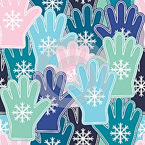 Seamless pattern with colorful snowflakes and gloves.