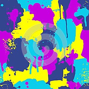 Seamless pattern with colorful spots, blobs. Abstract paint drops. Bright vibrant colors.