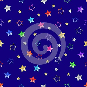 Seamless pattern colorful stars on blue background isolated, shiny stars on dark night sky backdrop, starry space repeat ornament