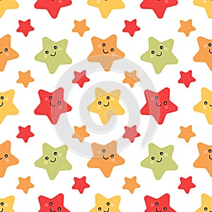 Seamless pattern of colorful stars with cheerful faces