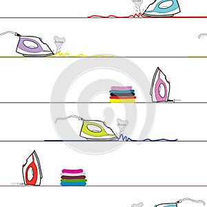 Seamless pattern of colorful steaming irons and piles of clothes on white background