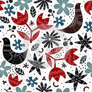 Seamless pattern with colorful stylized birds, flowers, decor elements. vector. Scandinavian style. folk ornament. hand drawing.