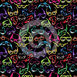Seamless pattern with Colorful sunglasses icon isolated on black