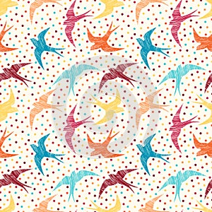 Seamless pattern with colorful swallows and dots