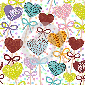 Seamless pattern Colorful Sweet Cake pops hearts set with bow isolated