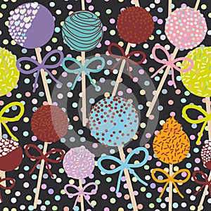 Seamless pattern Colorful Sweet Cake pops set with bow isolated on black polka dot background. Vector