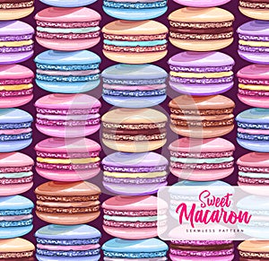 Seamless pattern of colorful sweet macarons cakes. French macaroons. Junk food background