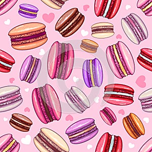 Seamless pattern of colorful sweet macarons cakes. French macaroons. Valentine`s day background