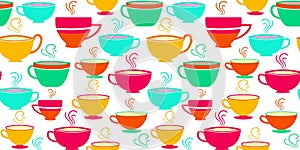 Seamless pattern with colorful tea and coffee cups on a white background, perfect for fabric, wallpaper, packaging, kitchen decor