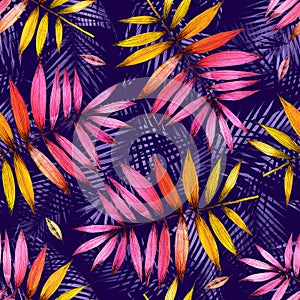 Seamless pattern with colorful tropical palm leave on purple background. Design for fabric, texture.Hand drawing