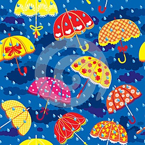 Seamless pattern with colorful umbrellas, clouds a