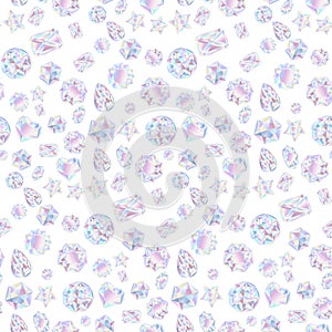 Seamless pattern of colorful vector jewels gemstones and crystals on white background