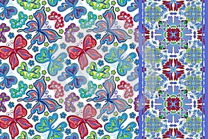 Seamless pattern with colorful vintage butterflies and flowers. Hand draw vector background