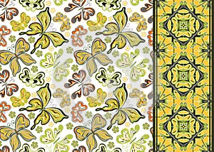 Seamless pattern with colorful vintage butterflies and flowers. Hand draw vector background