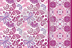 Seamless pattern with colorful vintage butterflies and flowers. Hand draw vector background