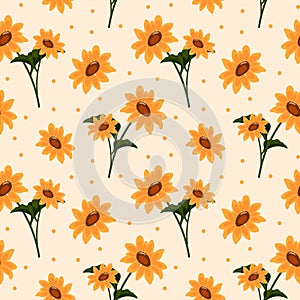 Seamless pattern, colorful yellow sunflowers with leaves on a light background. print, textile, background