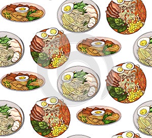 Seamless pattern with coloring cartoon illustration of ramen in different angles. Noodles. Vector texture photo