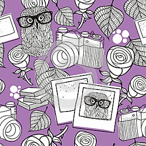 Seamless pattern for coloring with smart owls and old camera on the purple background.