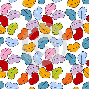 Seamless pattern with coloured rainbow lips on white background