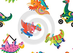 Seamless pattern. Colourful cartoon dinosaurs ride on skates, rollers and bicycle