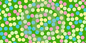 Seamless pattern with colourful dots on green, birthday or holiday background, vector