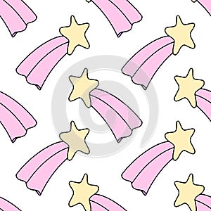 Seamless pattern with comet shooting star asteroid. Doodle. A space flight. Cosmonautics Day. Hand-drawn. Vector illustration.