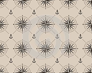 Seamless pattern with compass rose and anchor