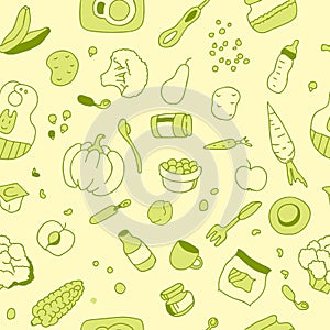 Seamless pattern of complementary feeding items for infants aged 6 to 8 months in doodle style