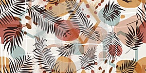 Seamless pattern compositions with geometric shapes and exotic tropical leaves in pastel colors, vector illustration