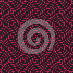 Seamless pattern. Concentric black circles on a pink background. Geometric wavy striped retro design. Graphic textile texture.