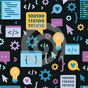 Seamless pattern with Concept of computer programming languages or developing software, cartoon style. Information