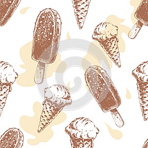 Seamless pattern with cone waffle ice cream and chocolate ice cream.