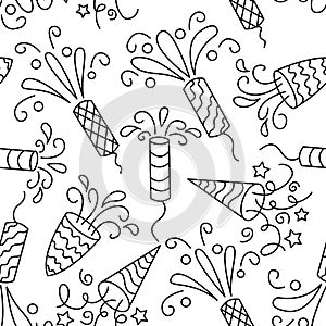 Seamless pattern confetti party popper, festive cotton button on white background.