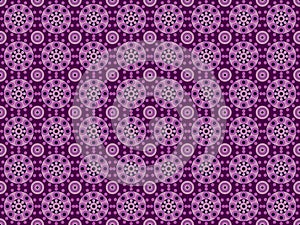 Seamless pattern consisting of circular and geometric shapes in purple and black arranged symmetrically.
