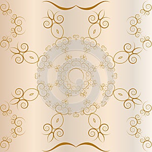 A seamless pattern that consists of different symmetrical, geometric elements on a set-brown background.