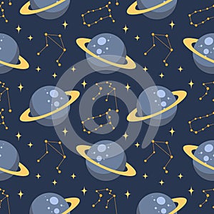 Seamless pattern, constellations, planet and solar eclipse Moon. Background for children, scrapbooking, children\'s room.