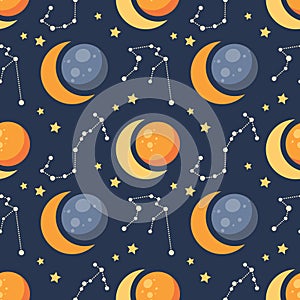 Seamless pattern, constellations, planet and solar eclipse Moon. Background for children, scrapbooking, children\'s room.