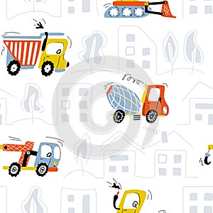 Seamless pattern, construction vehicles are driving around the city. Cartoon truck, concrete mixer, excavator,in doodle style,