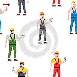 Seamless pattern construction workers uniforms repair on construction site