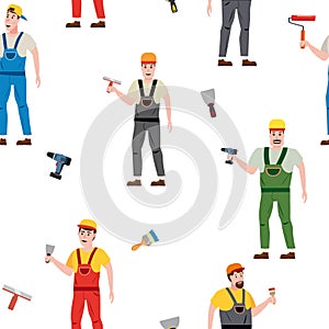 Seamless pattern construction workers uniforms repair on construction site