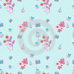 Seamless pattern contain flowers, ladybugs, bees and butterflies